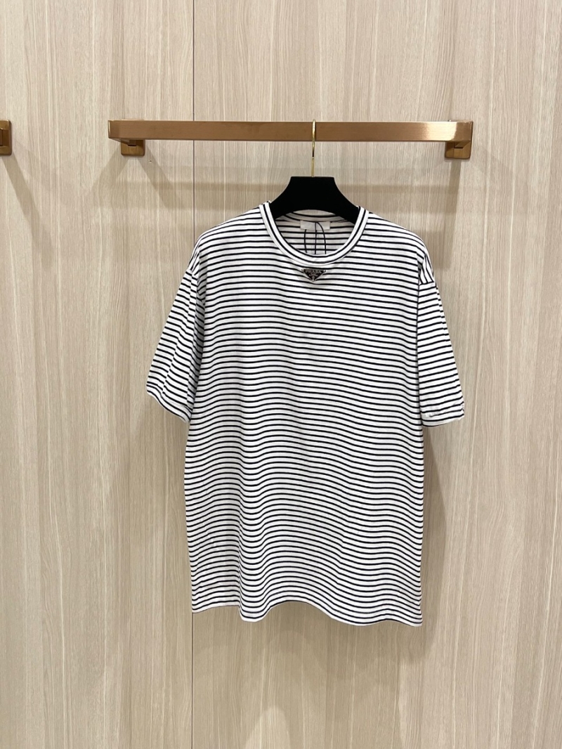 PRADA Summer 2025 Slim Fit Striped T-shirt with Triangle Enamel Logo. White Stripes