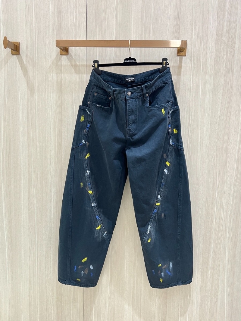 Balenciaga Graffiti Ink Spray Curved Blade Jeans. Dark Wash