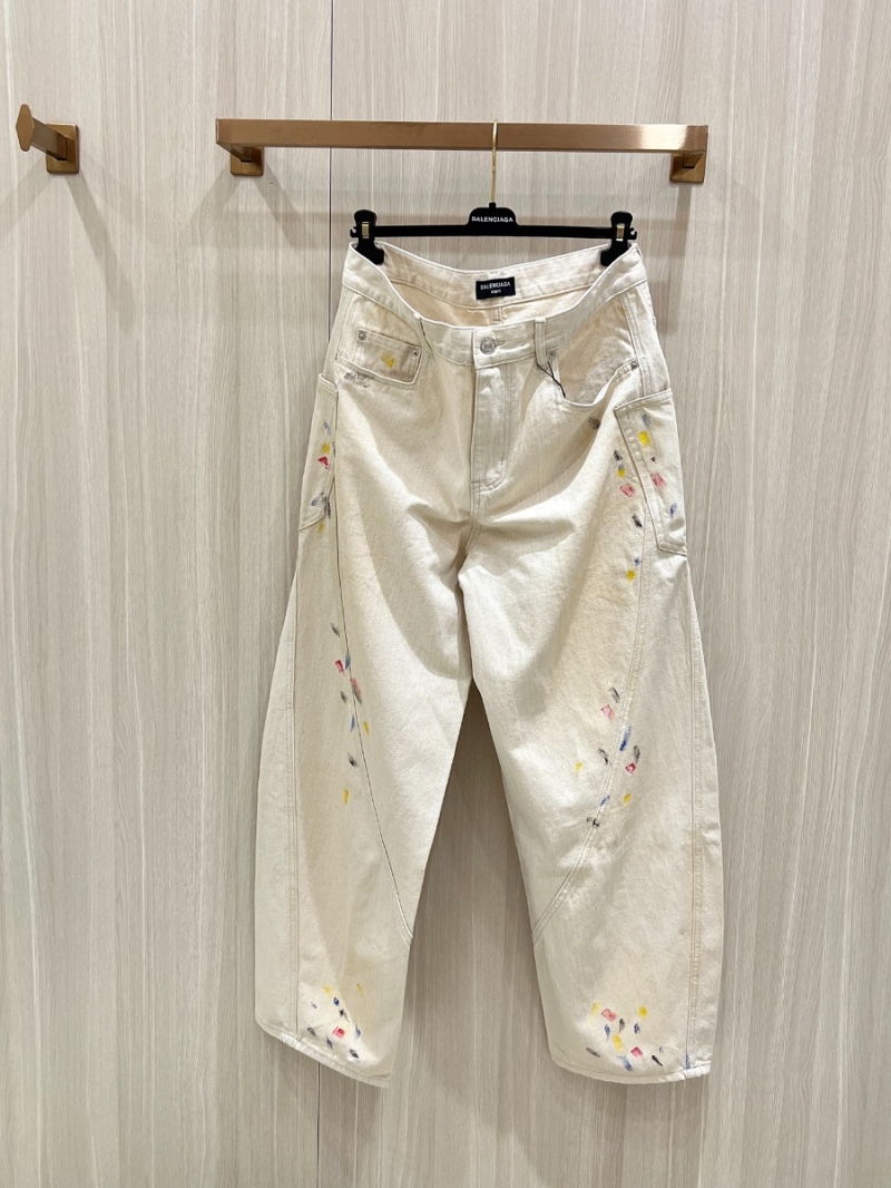 Balenciaga Graffiti Ink Spray Curved Blade Jeans. Light Wash