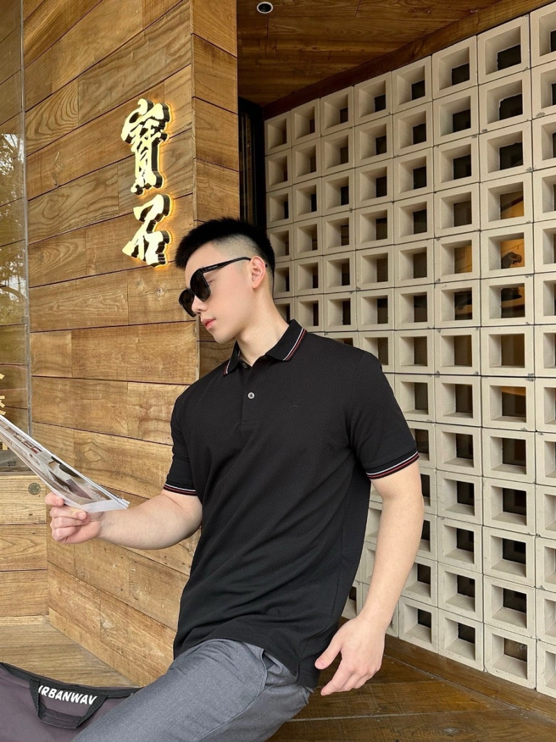 PRADA Striped Embroidered Polo Shirt - Black Short Sleeve