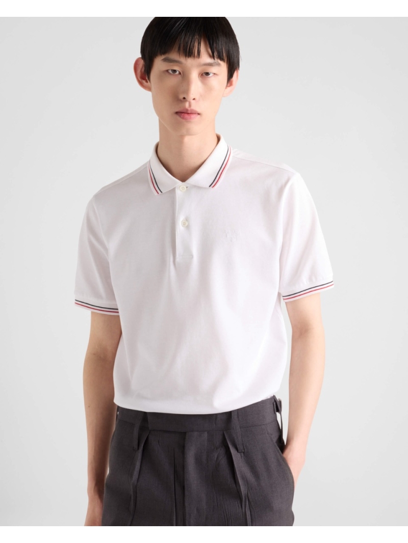 PRADA Striped Embroidered Polo Shirt - White Short Sleeve