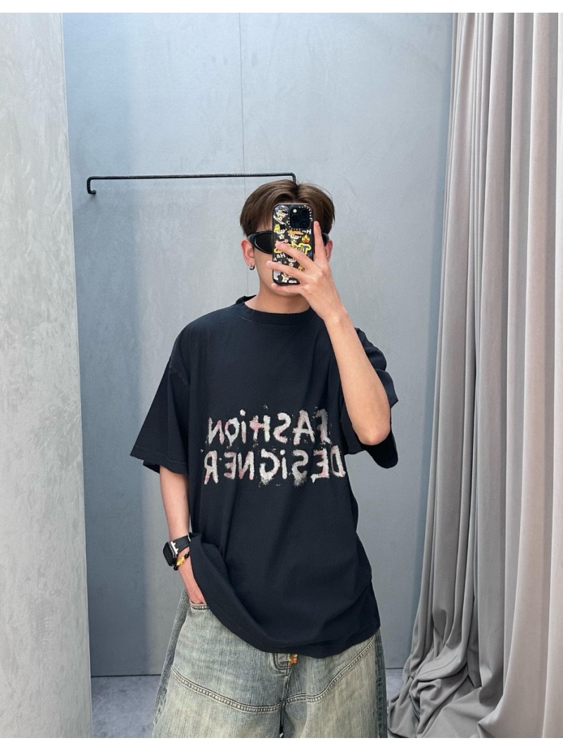 Balenciaga Vintage Distressed Graphic T-Shirt Deep Navy