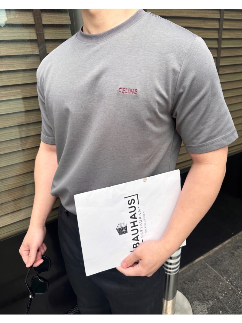 Celine Minimalist Embroidered Luxe T-Shirt in Graphite Gray