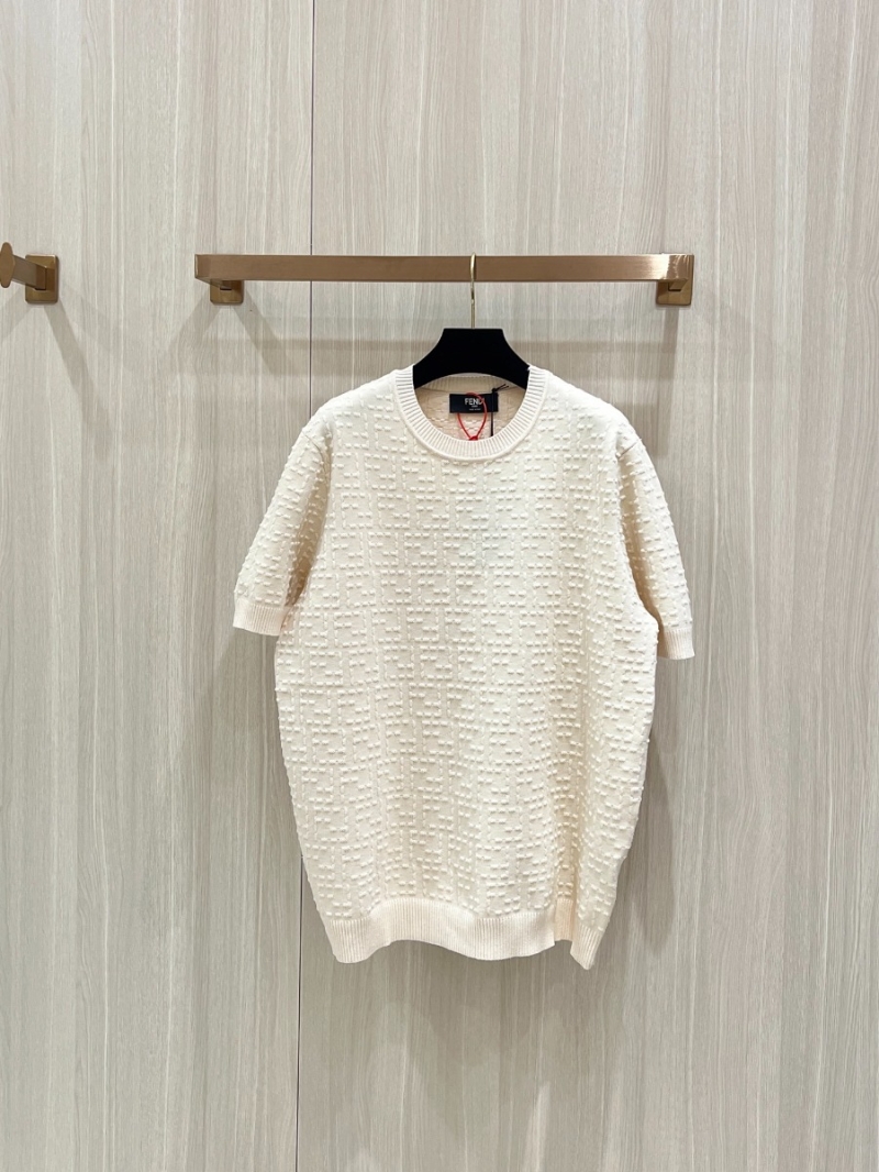 Fendi FF-Imprint Elegant Knit Short-Sleeve Top Cream