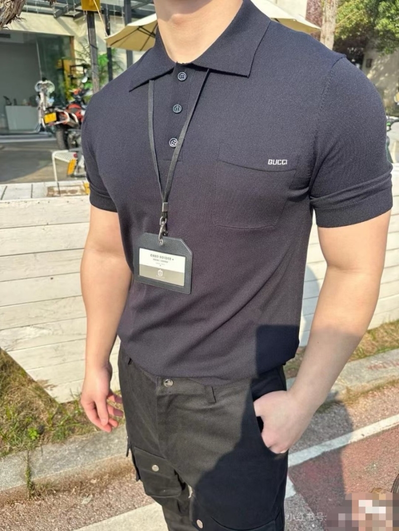 Gucci 25SS Elegant Wool Polo Short-Sleeve Navy