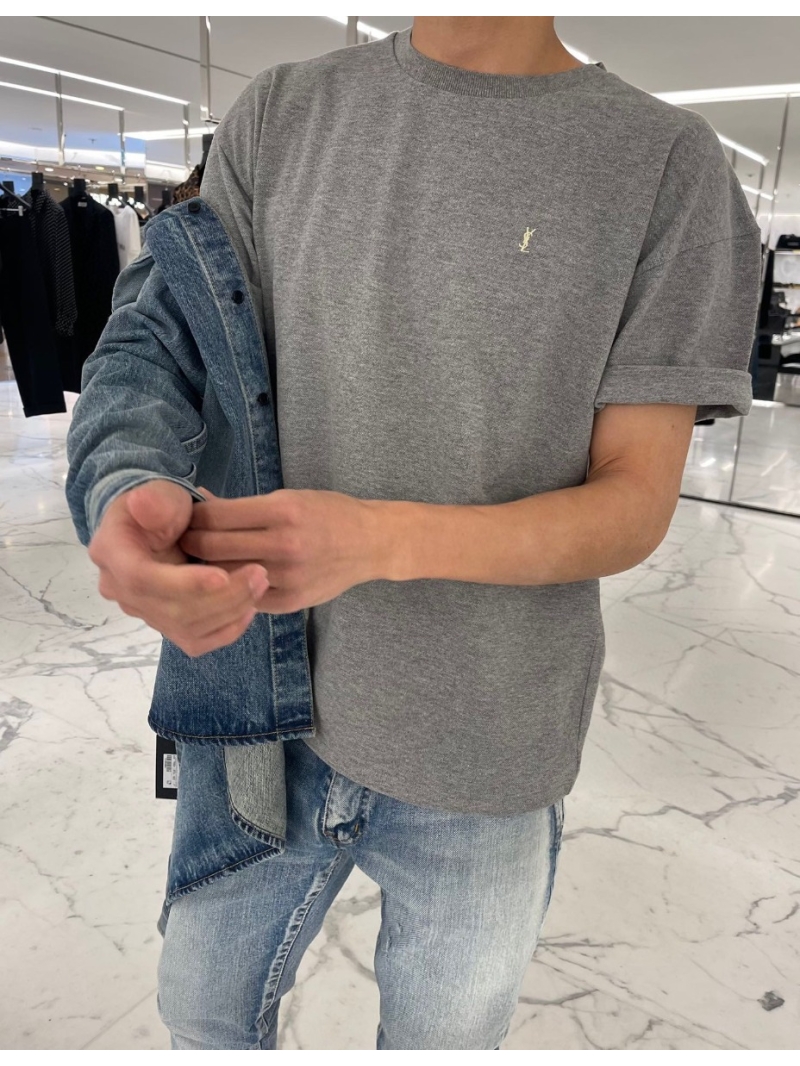 YSL Saint Laurent New Release Elegant Logo Short-Sleeve Top Gray