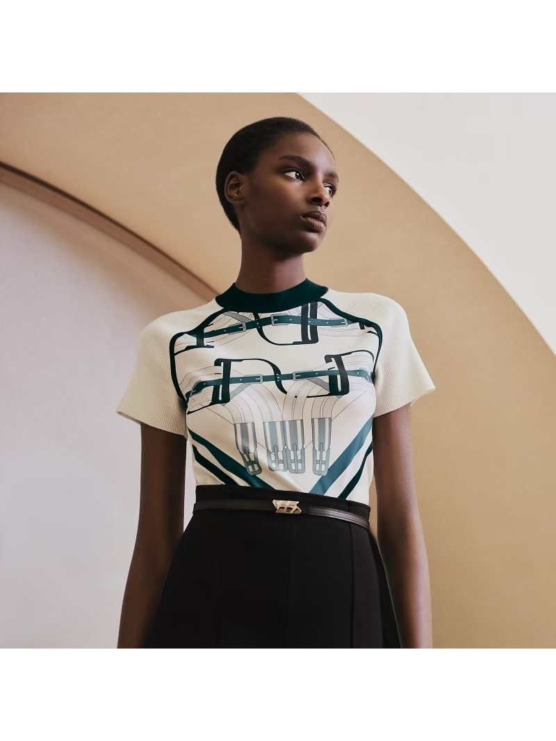 Hermes Early Spring 2025 Saddle Print Knit Top with Mixed Media Design