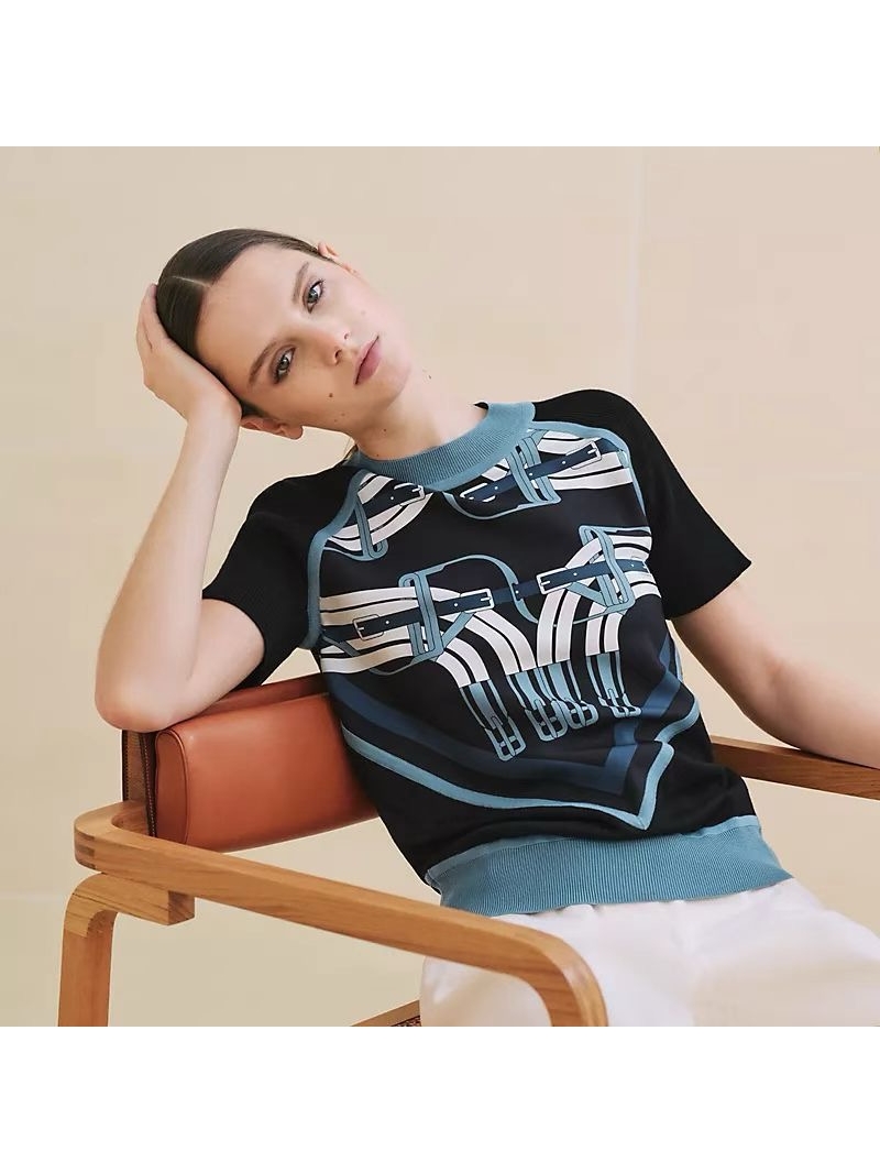 Hermes Early Spring 2025 Saddle Print Knit Top with Mixed Media Design Black