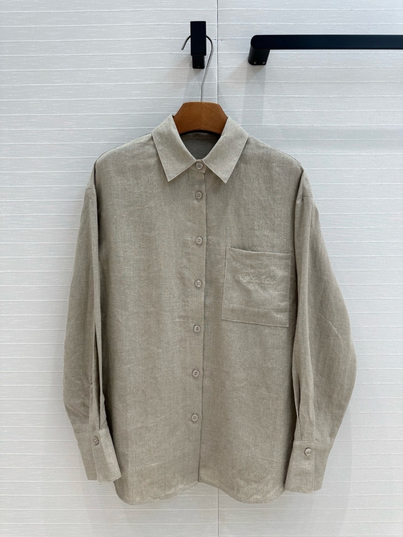 Loro Piana 2025 Spring/Summer Oversized Cotton-Linen Shirt with Embroidered Logo Grey