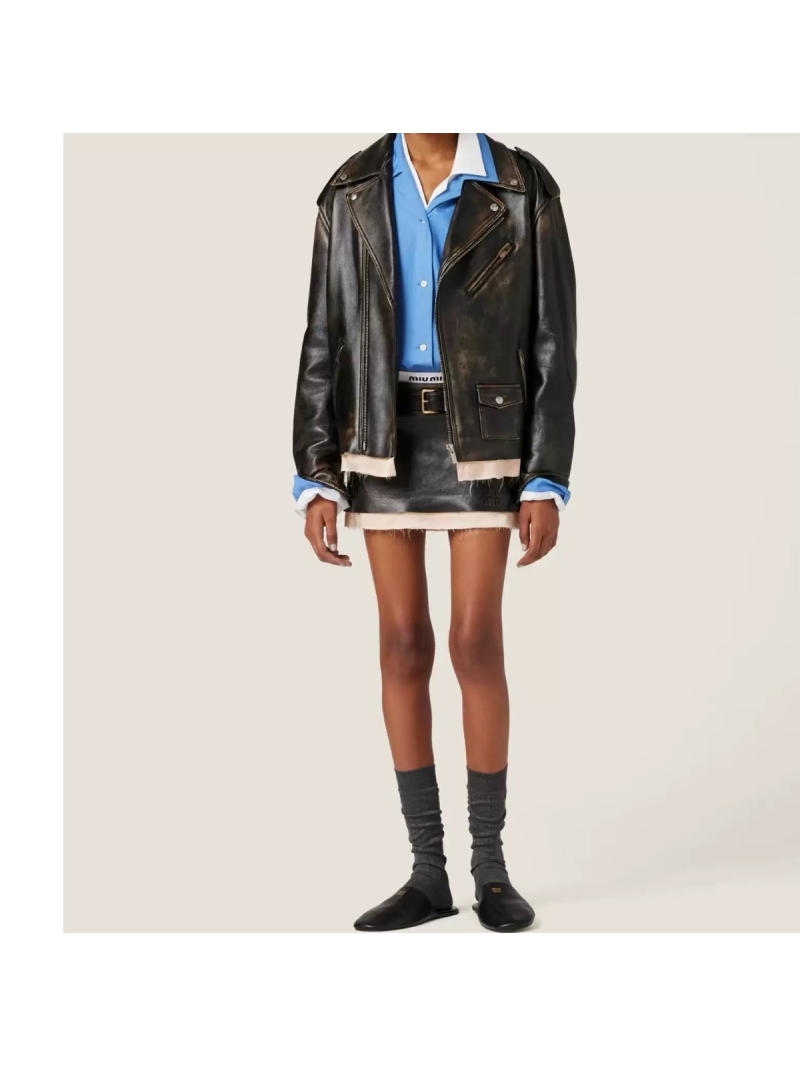 Miu Miu Early Spring 2025 Vintage-Style Imported Leather Biker Jacket Limited Edition
