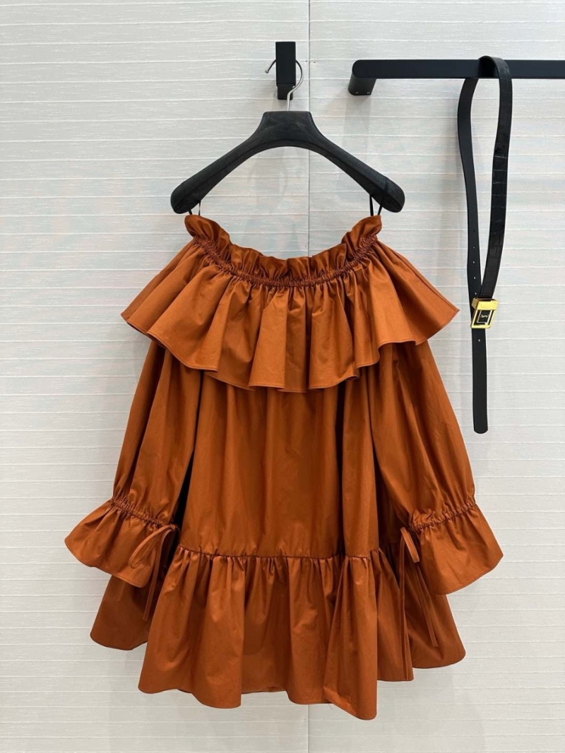 YSL Saint Laurent Early Spring 2025 Caramel Off-Shoulder Cotton Dress with Bubble Sleeves
