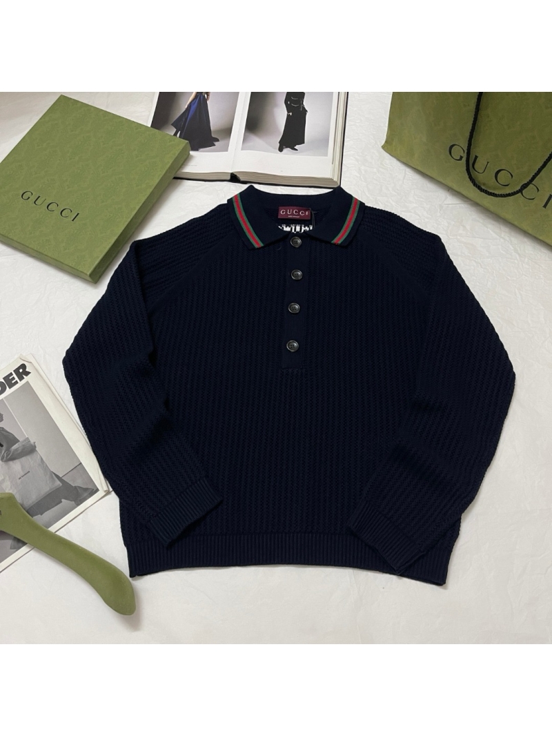 Gucci New Hollow-Knit Cotton Long-Sleeve Polo Shirt