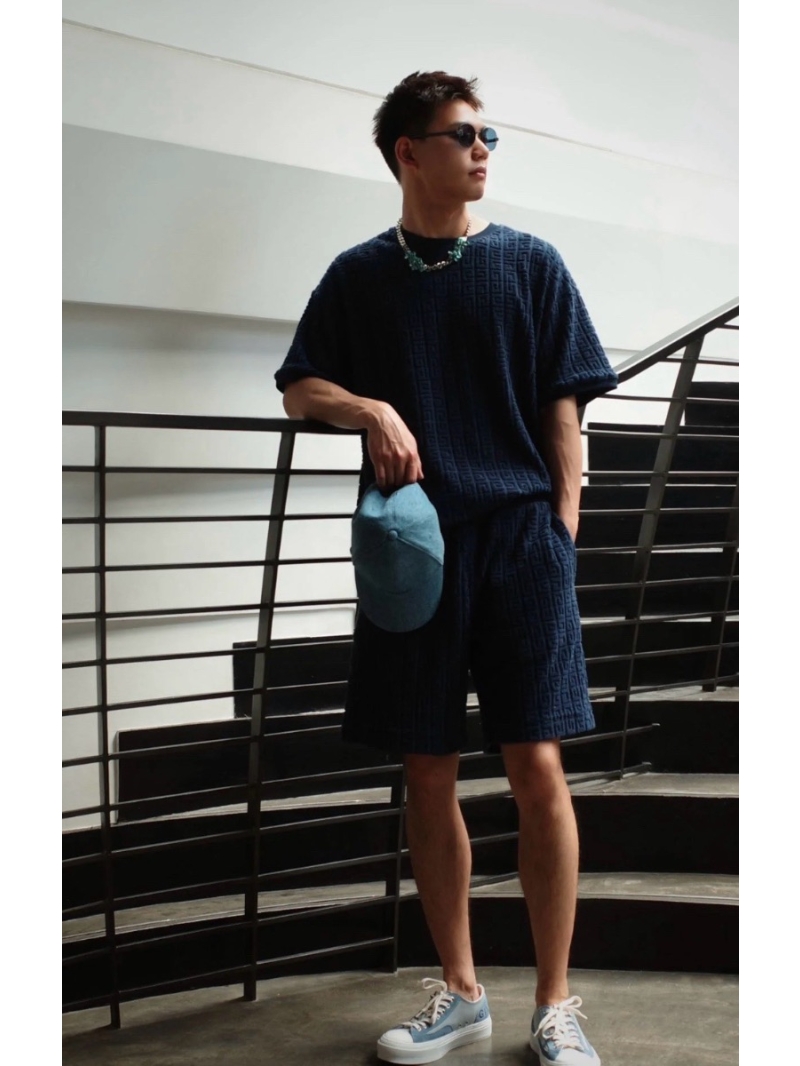 Givenchy Towel Embossed Sports Set (Short Sleeve + Shorts) Blue