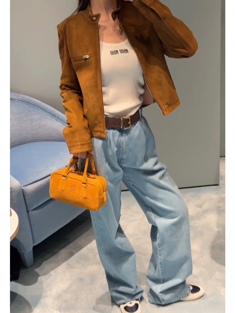 Miu Miu 25 Early Spring Imported Suede Lambskin Flight Jacket Limited Edition Tan