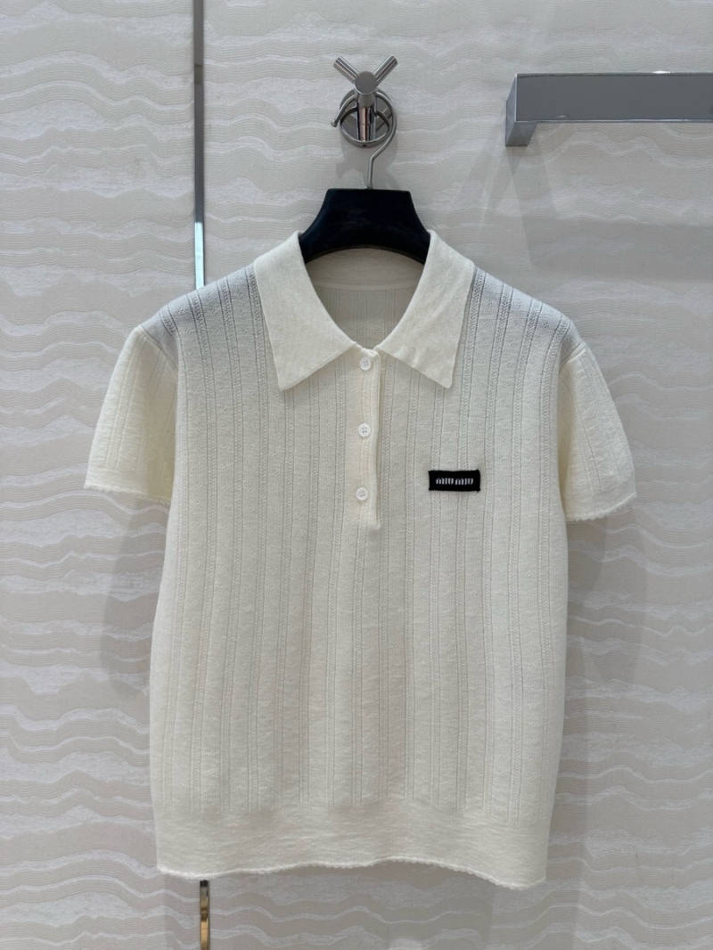 Miu Miu Polo Knit Short-Sleeve Cashmere Silk Sweater creme– Sweet and Slimming Elegance