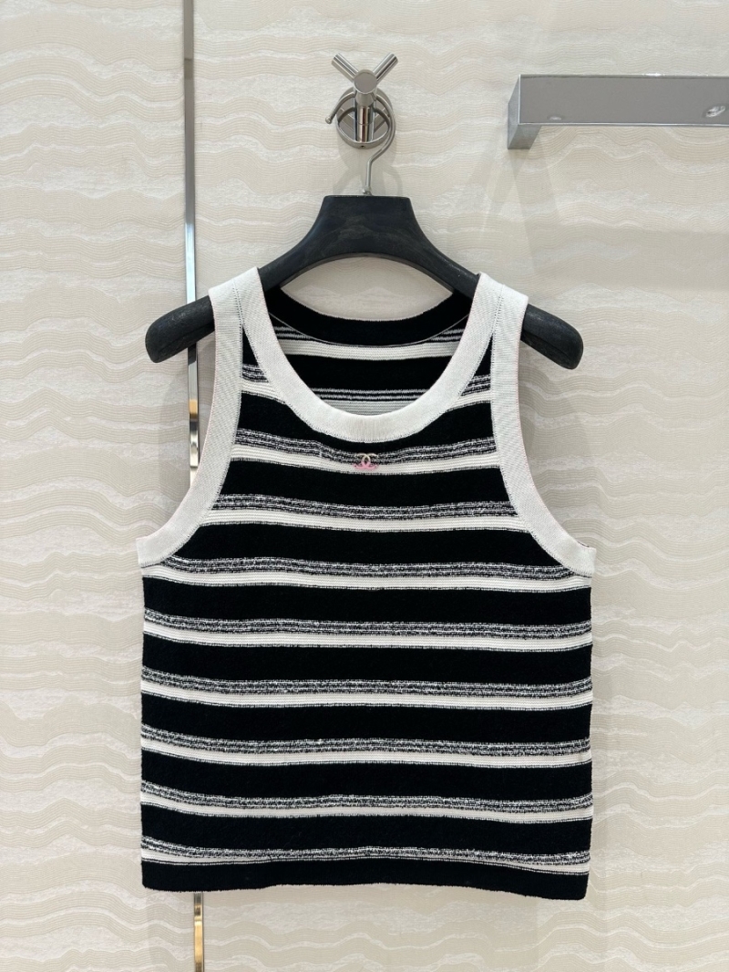 Chanel Coco 25S Spring/Summer Striped Knit Tank Top with Metallic Accents Black