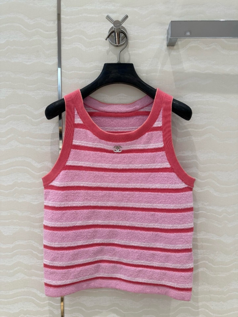 Chanel Coco 25S Spring/Summer Striped Knit Tank Top with Metallic Accents Pink