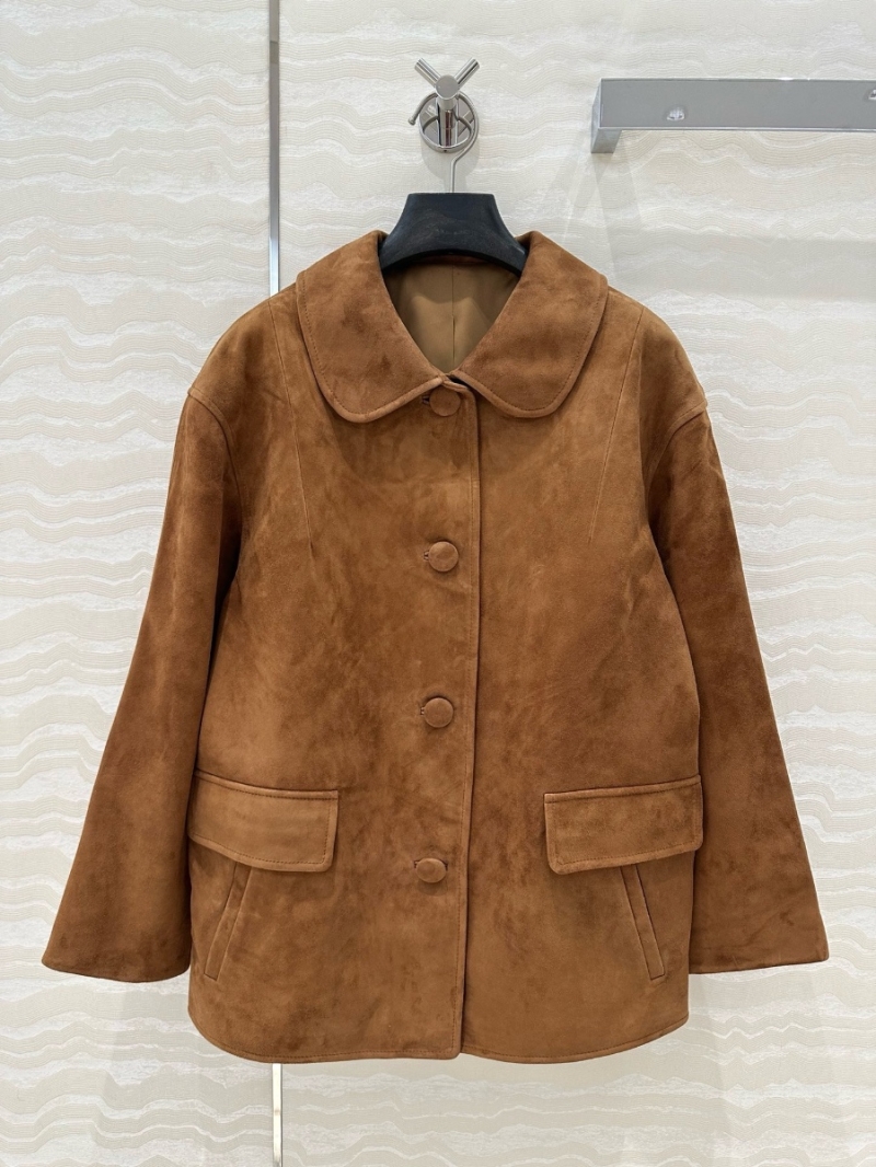 Prada 2025 Early Spring Suede Lambskin Jacket with Peter Pan Collar Brown