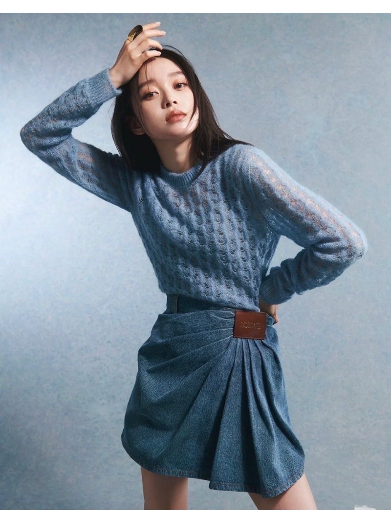 Loewe 2025 Early Spring Draped Panel Skirt with Leather Logo Tag Denim Blue