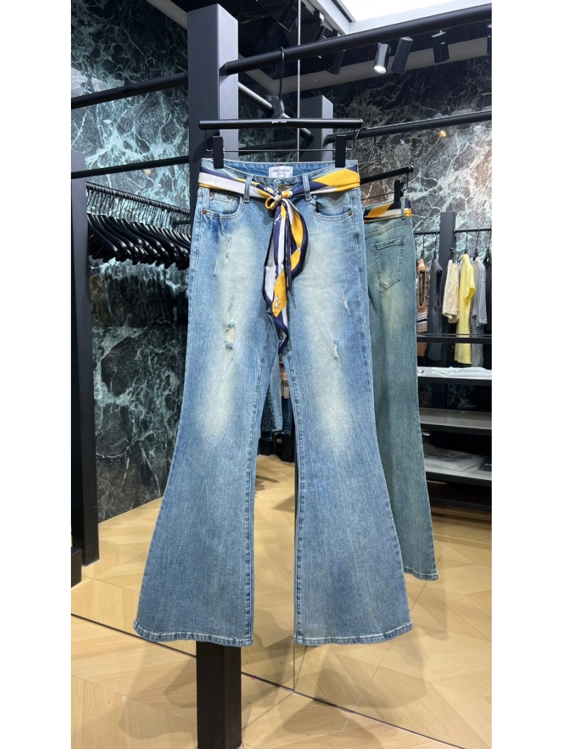 Saint Laurent YSL 24 Pre-Fall Collection Embroidered Flared Denim Pants with Scarf Belt - Blue