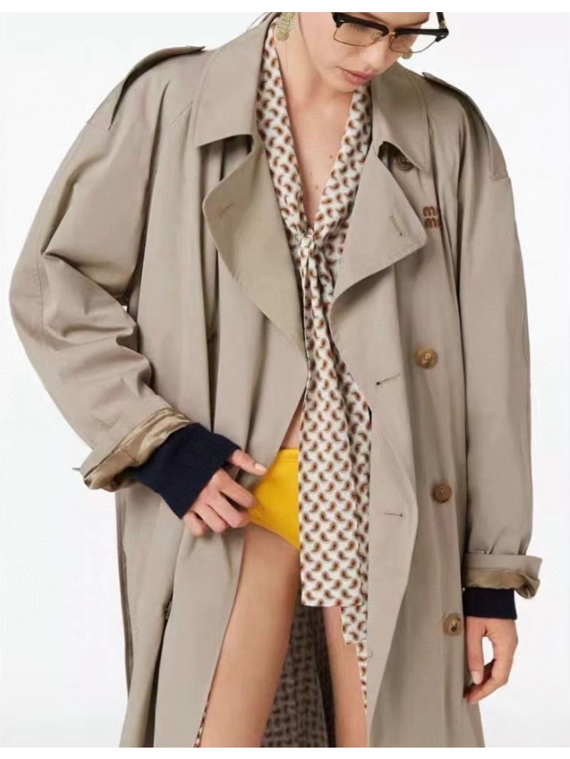 Miu Miu 24 Pre-Fall Collection Double-Breasted Long Trench Coat - Beige