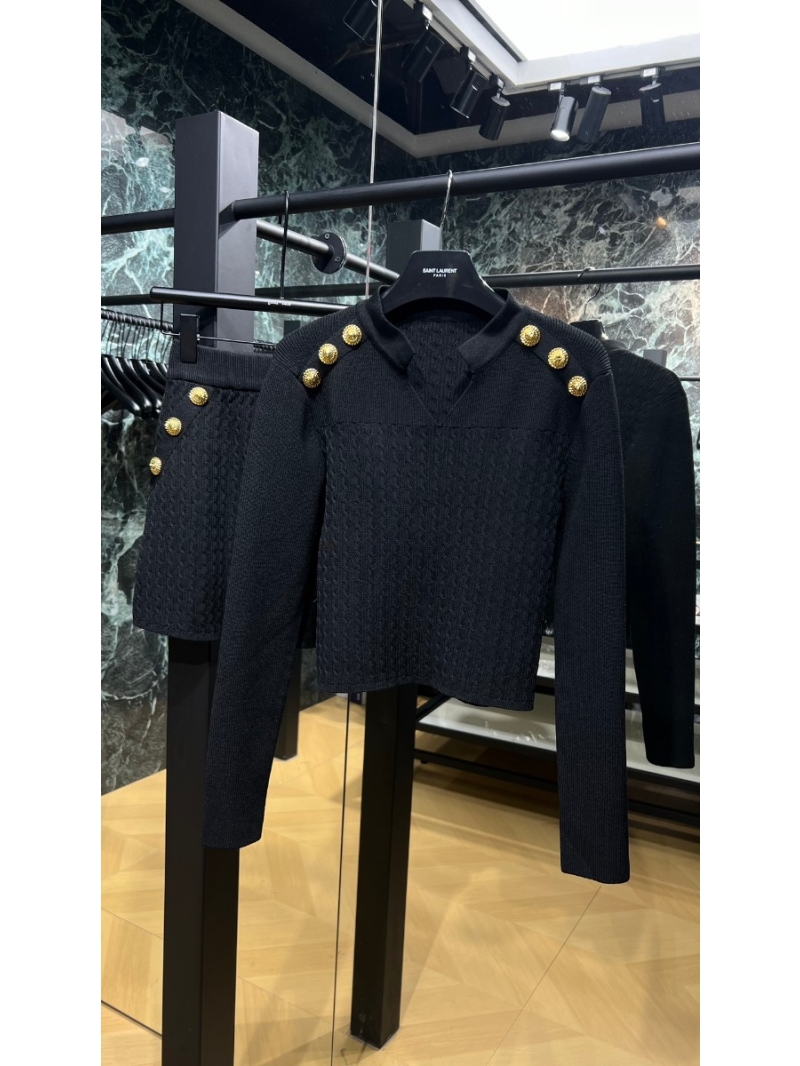 Balmain 24 New Collection Gold Button Embossed V-Neck Long Sleeve and Skirt Set