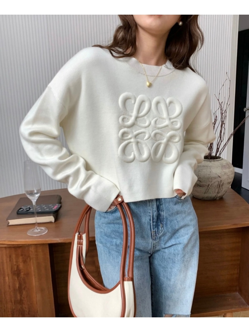 Loewe New Release. Embossed Loose-Fit Wool Pullover Sweater (White & Black)