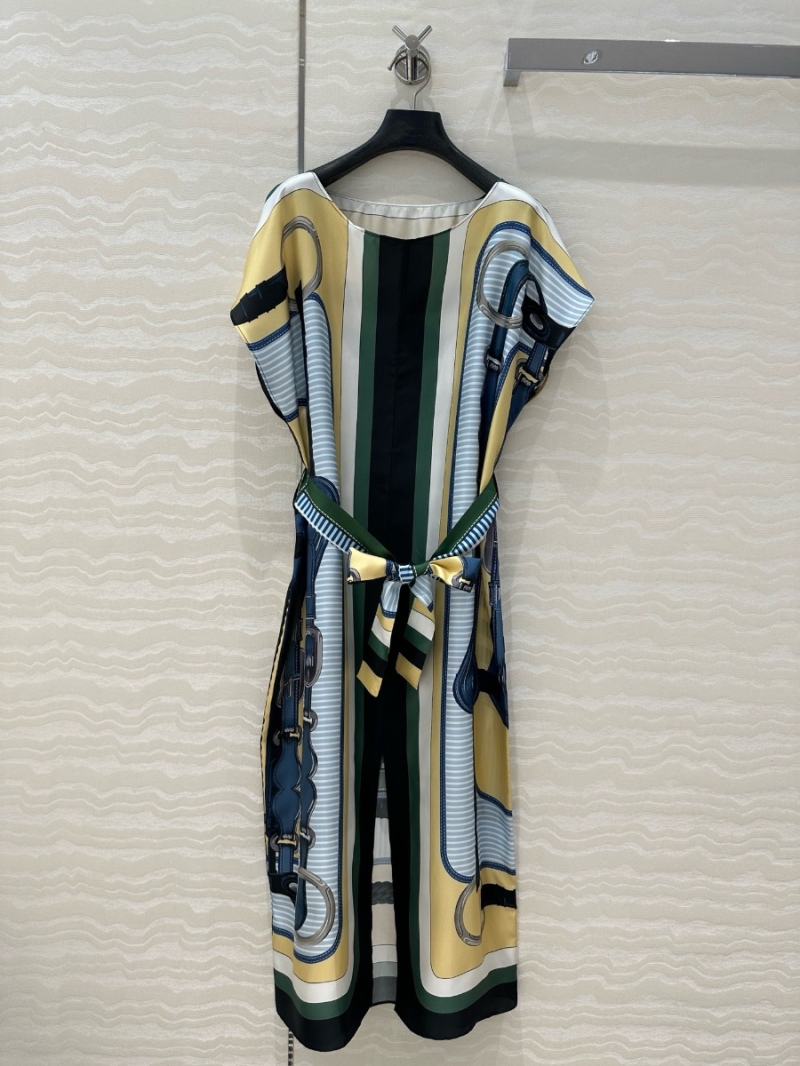 Hermes Spring/Summer 2025 Coaching Remix Silk Kaftan Dress Multocolor Blue