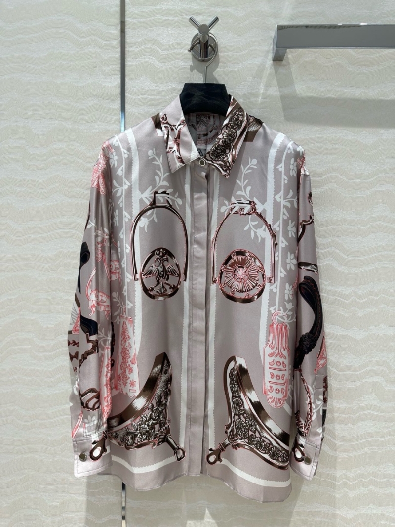Hermes Floral Stirrup and Chain Print Silk Shirt Pink Grey