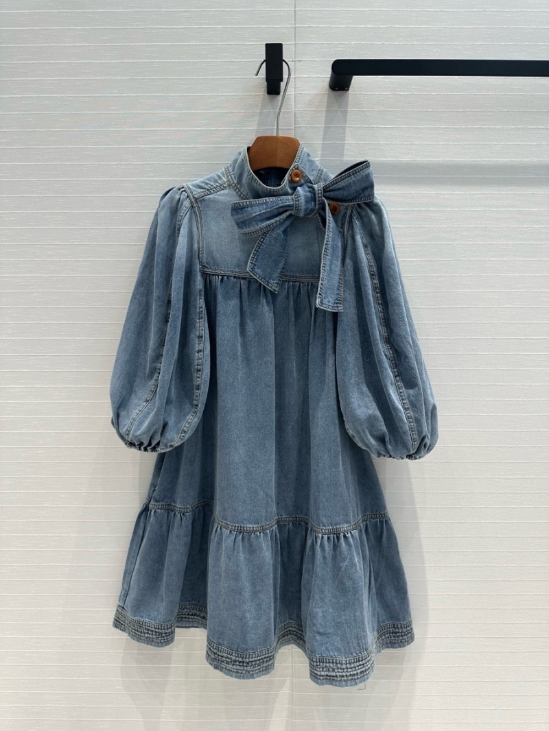 Zimmermann 24SS Holiday Collection Bow-Tie High Collar Denim Dress
