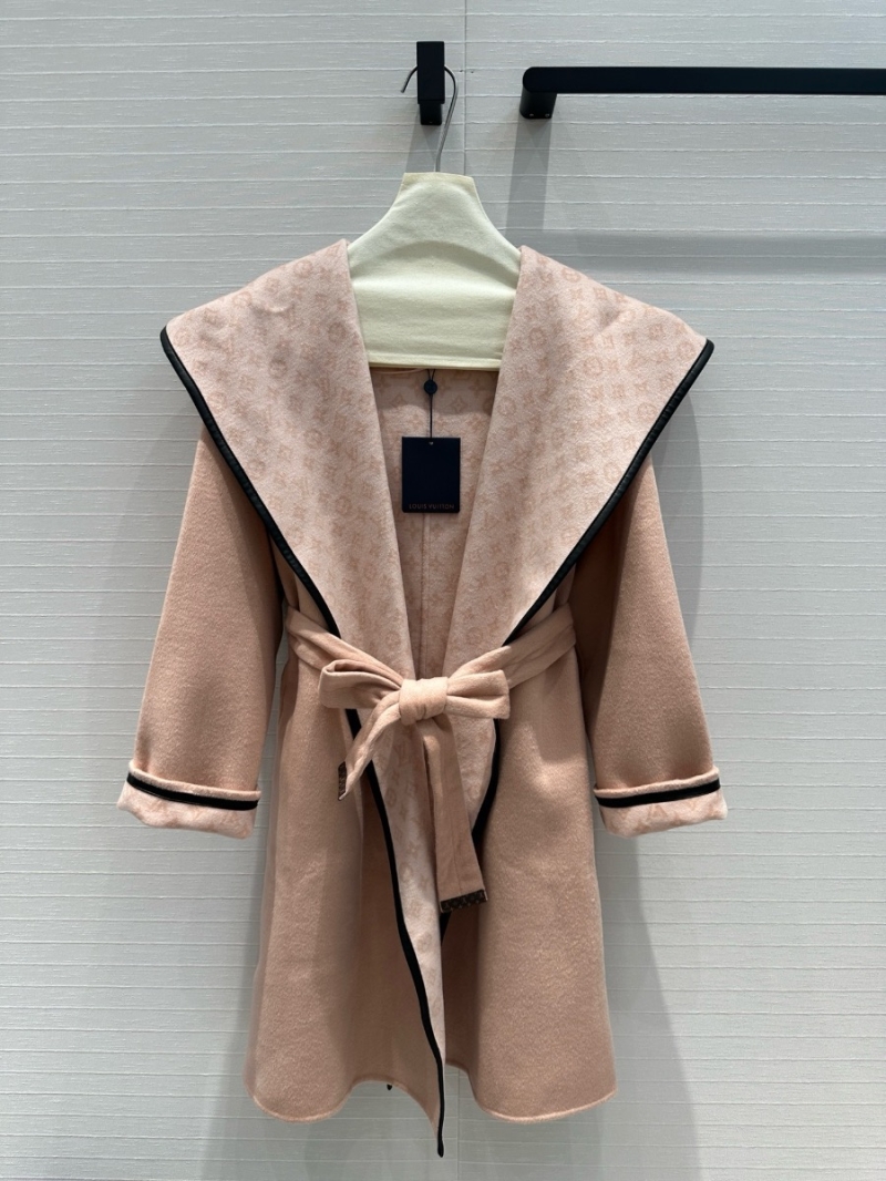 Louis Vuitton LV 2024 Collection Wool Cashmere Reversible Hooded Long Wrap Coat Dusty Rose