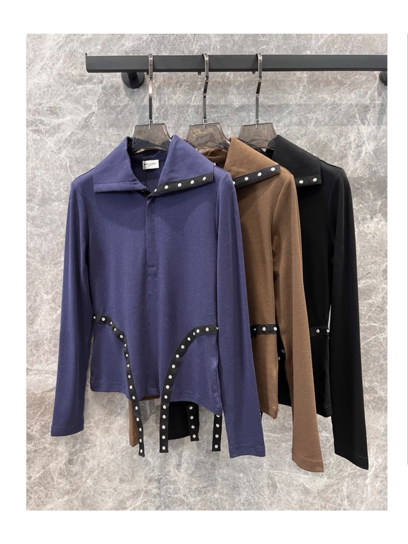 YSL Saint Laurent Fall/Winter 2024 Embroidered Logo Button-Up Collar Ribbon Long Sleeve Cotton T-Shirt