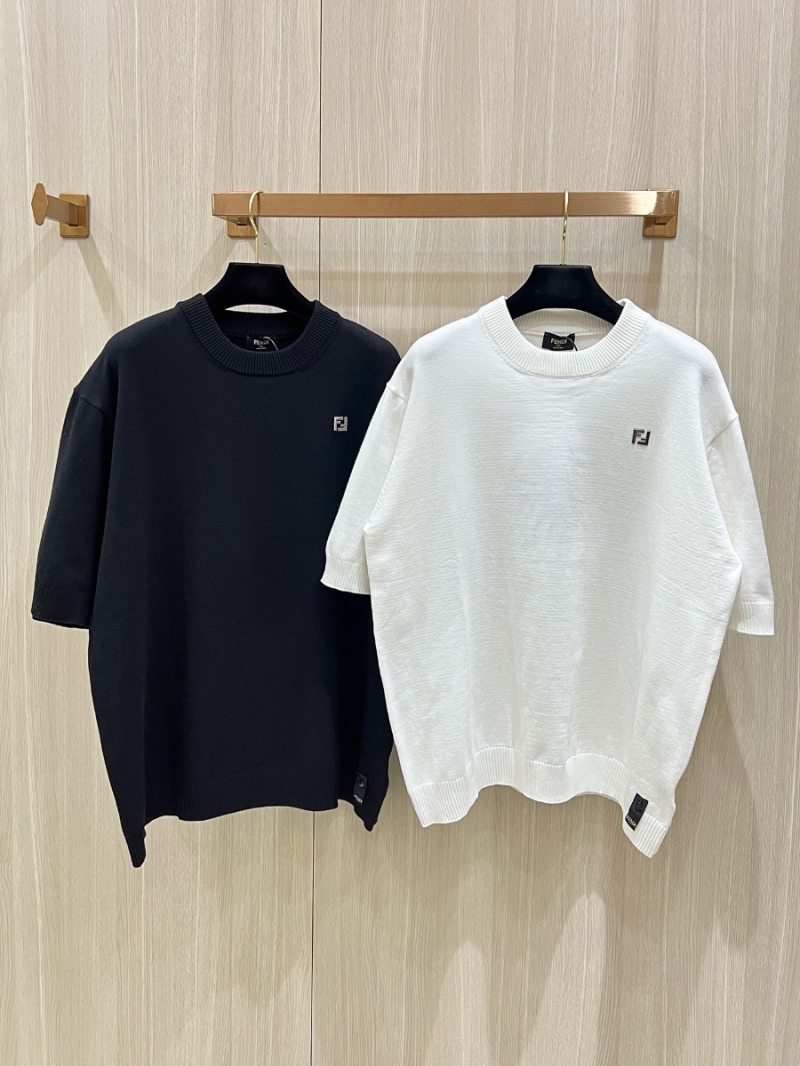 FENDI Wool-Cotton Knit Short-Sleeve T-Shirt with FF Logo