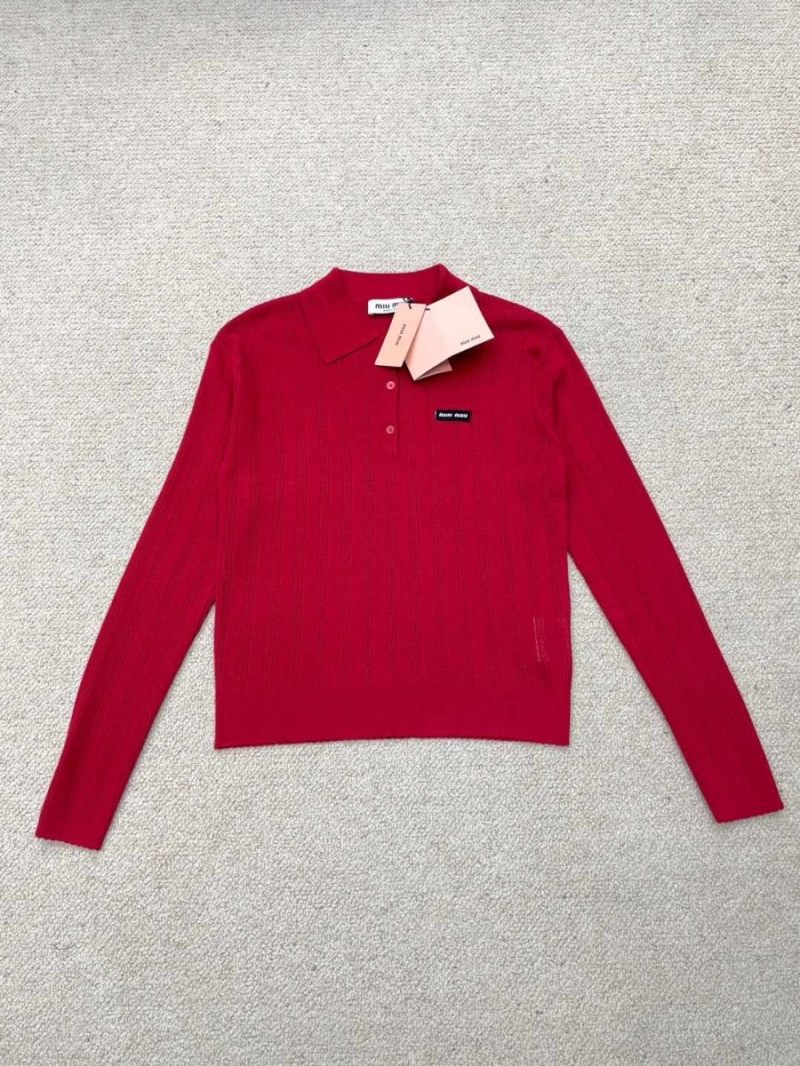 Miu Miu Early Spring 2025 Cashmere Red Ribbed Knit Logo Polo Shirt