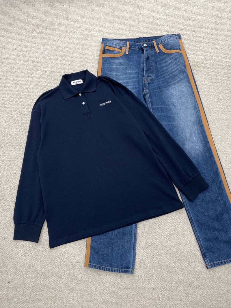 Miu Miu Unisex Mini Letter Basic Cotton Long-Sleeve Polo in Navy