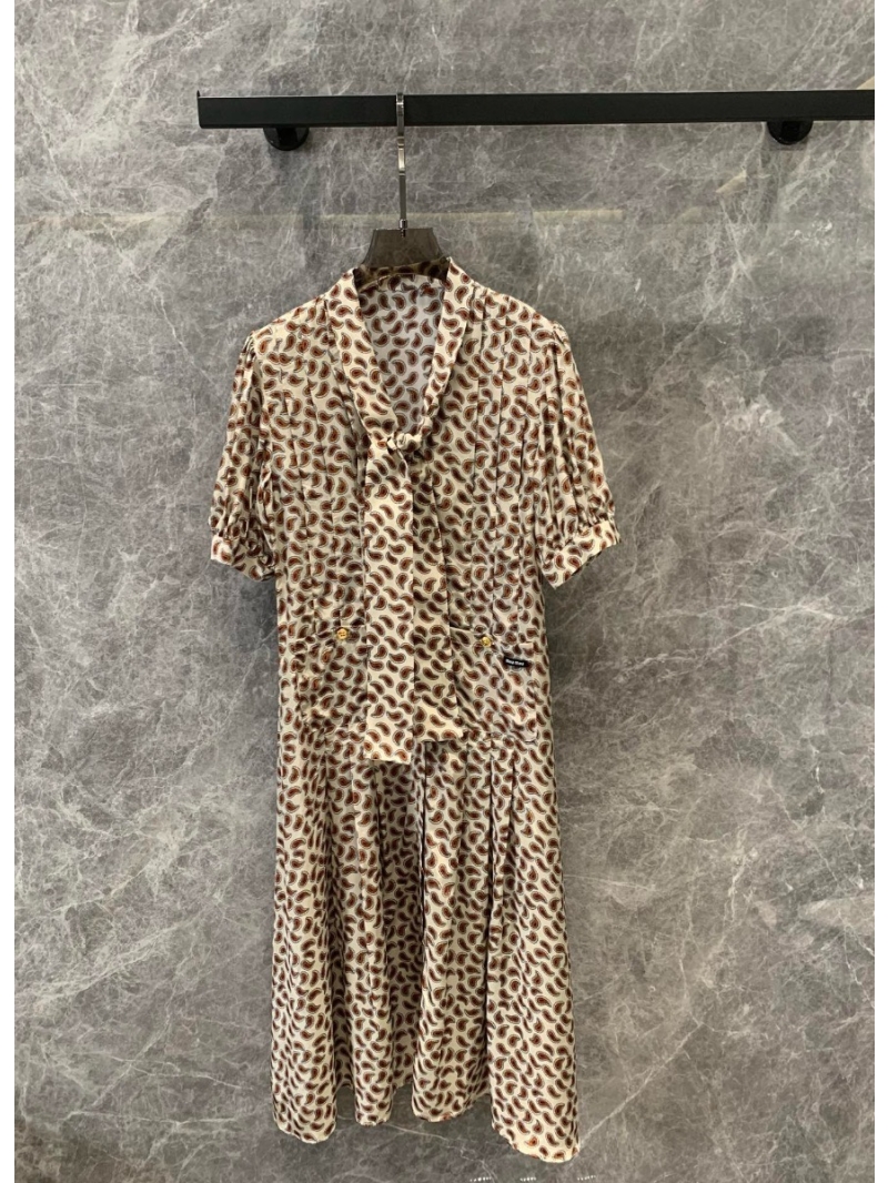 Miu Miu Paisley Print Tie V-Neck Pleated Dress