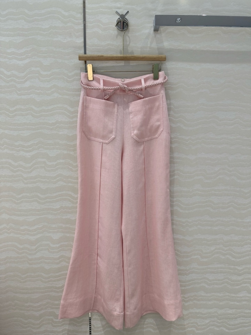 Zimmermann Resort 2025 High-Waisted Linen Wide-Leg Pants with Braided Belt Soft Pink – French Elegance