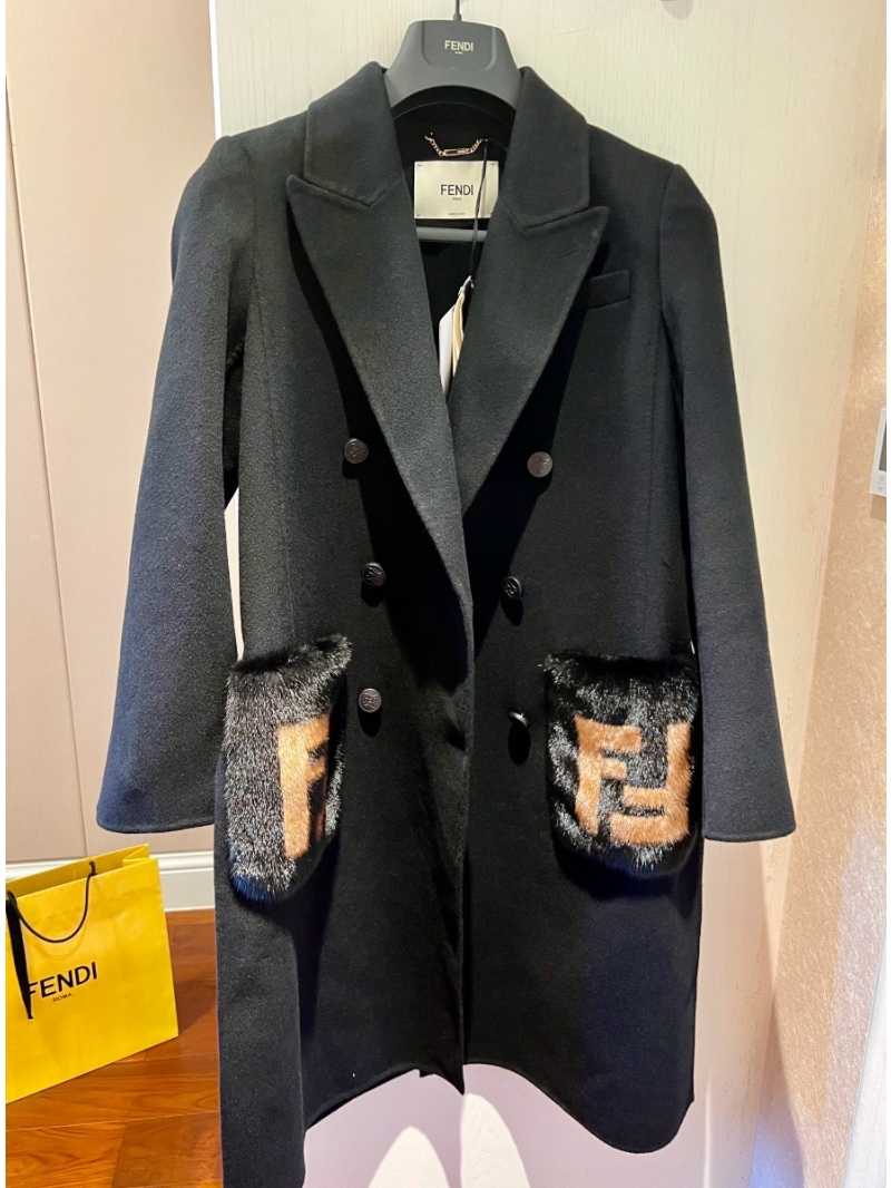 FENDI Reversible Cashmere Coat Poncho Mink Fur Pocket Black