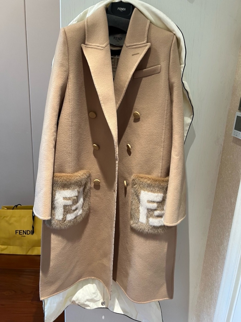 FENDI FF Reversible Cashmere Coat Poncho Mink Fur Pocket Khaki