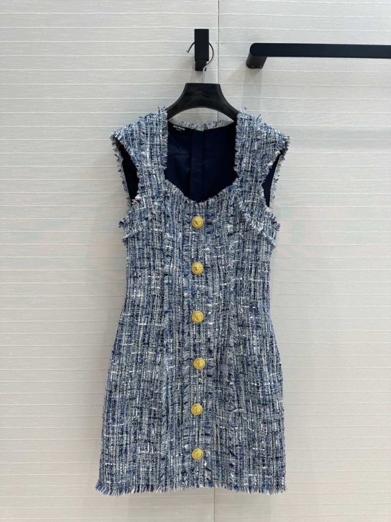Balmain 2025 Early Spring Blue-White Tweed Heart-Neck Button Dress