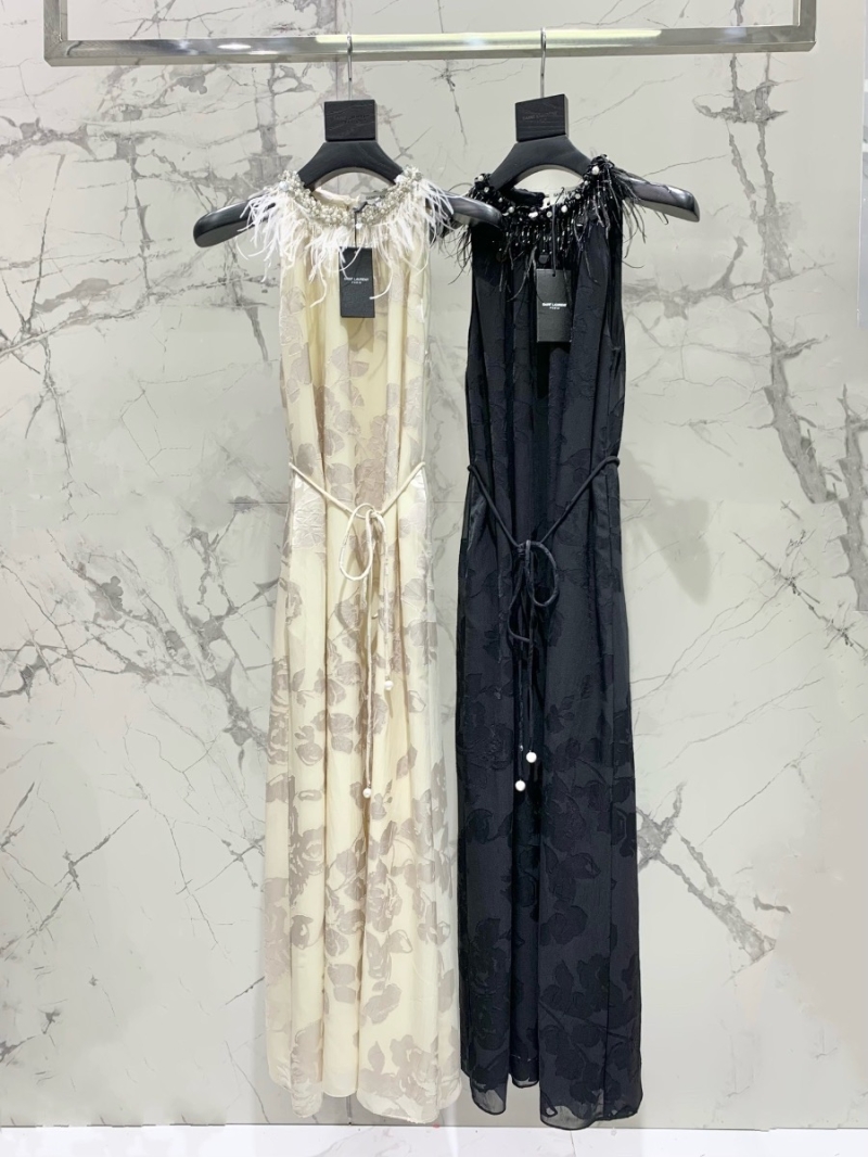 YSL Saint Laurent Ostrich Feather and Acetate Satin Cutout Dress Ivory