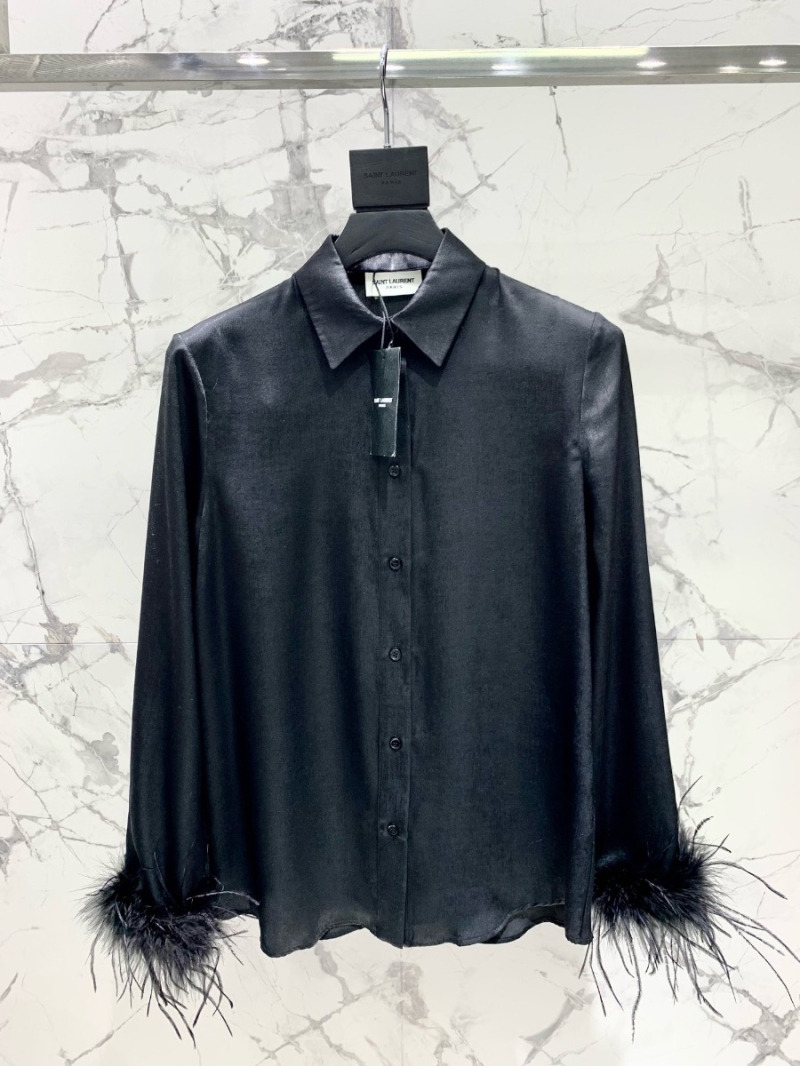 YSL Saint Laurent Matte Shine Ostrich Feather Shirt Black