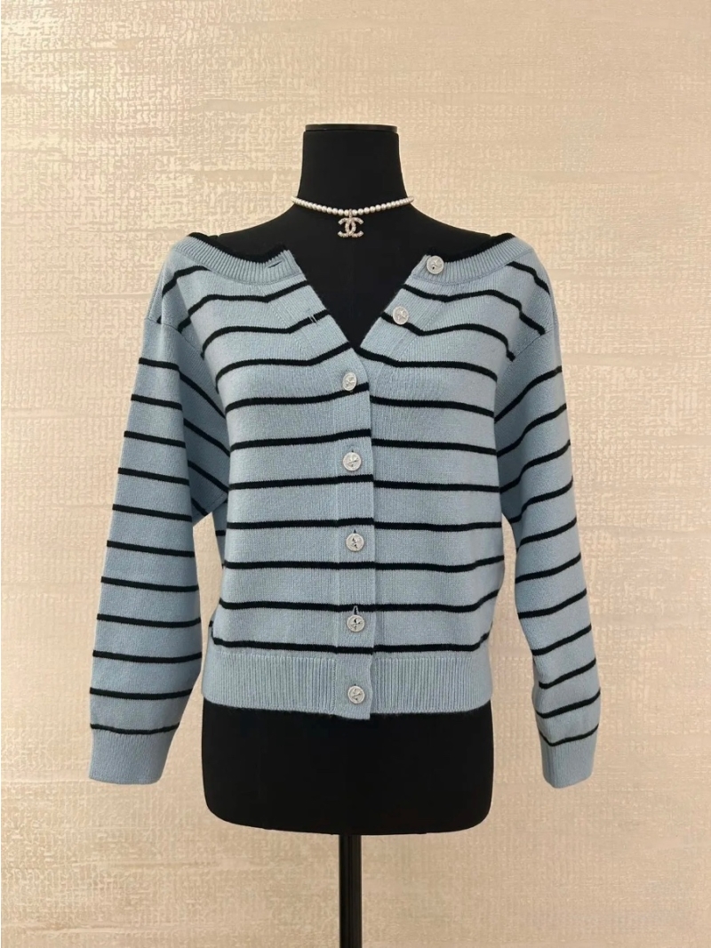 Chanel 25SS Coco Girl 2 Way Wear Striped Knit Cardigan Blue – Convertible Off-Shoulder Design