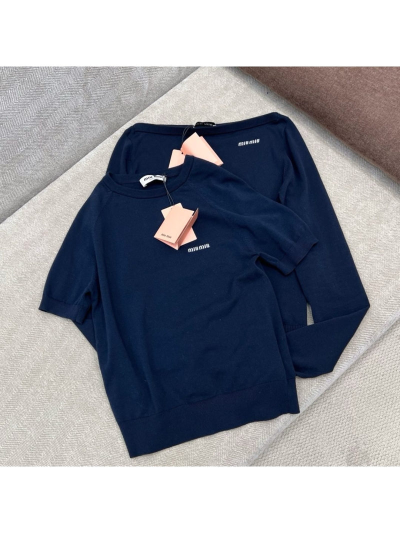 Miu Miu 24 Pre-Fall Collection Bold Letter Cashmere Short-Sleeve Sweater - Dark Blue