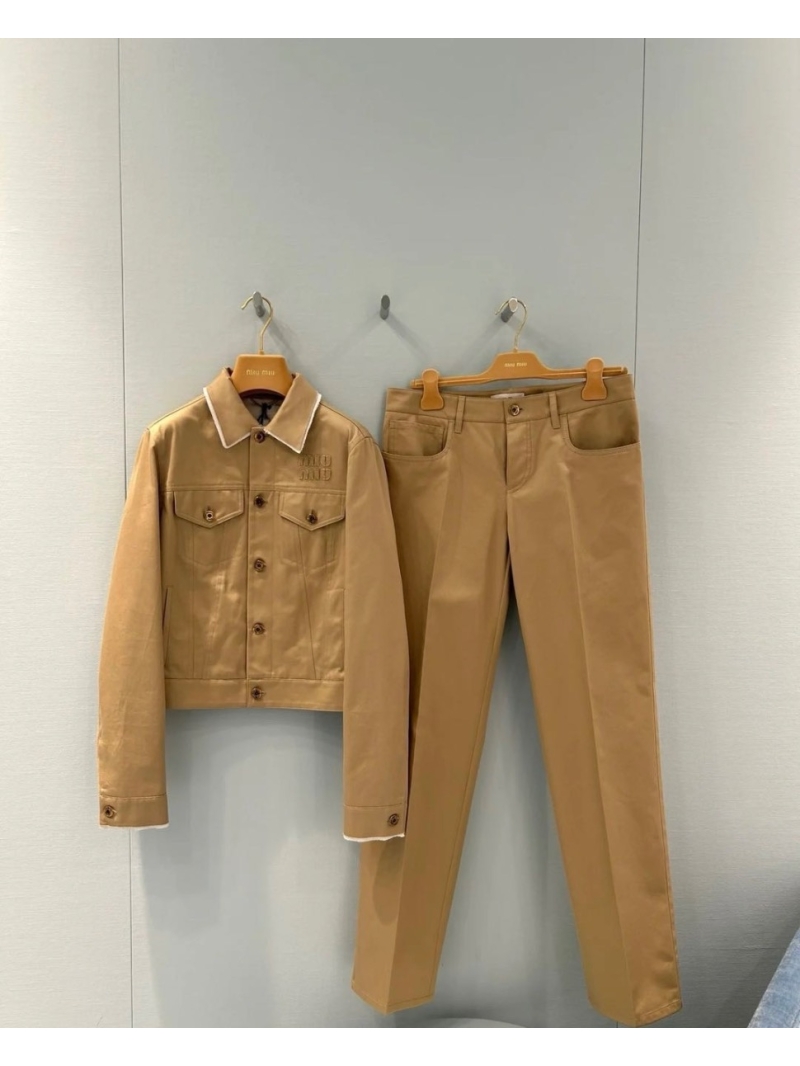 Miu Miu 24 Early Autumn Khaki Slim Straight Pants with Custom Gold Buckle Belt