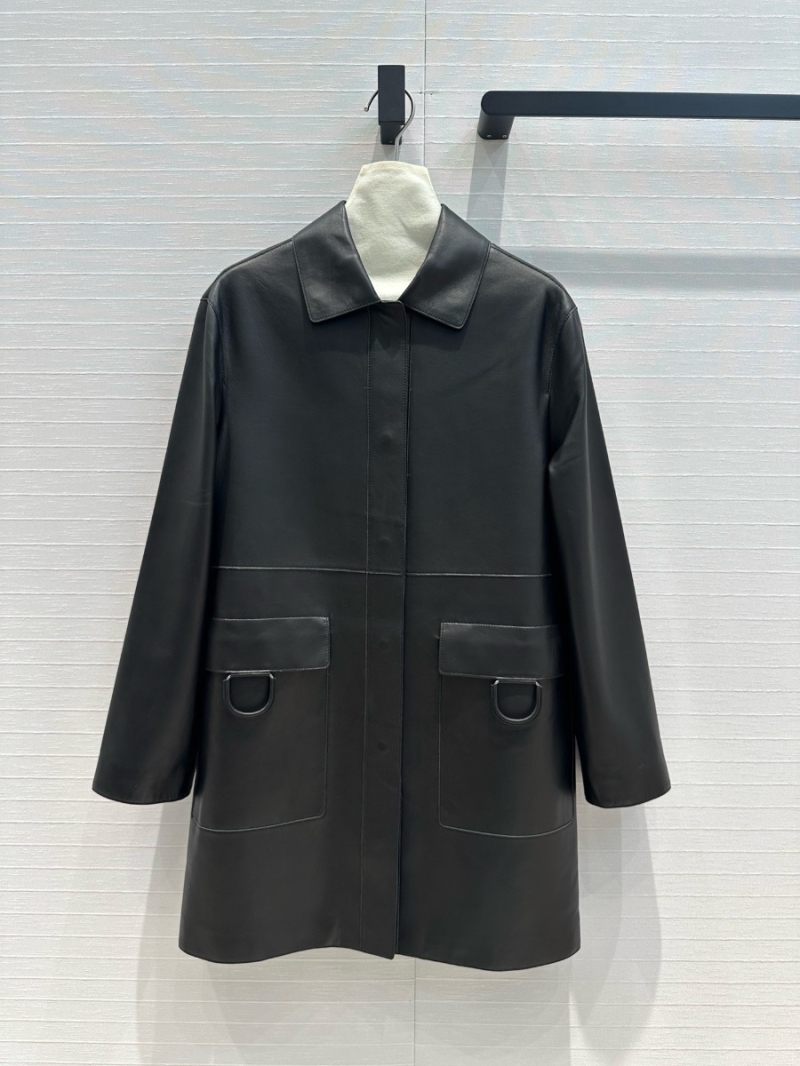 Hermes 24 Autumn/WinterLambskin  Leather Long Coat with Large Ring-Pocket Design Black
