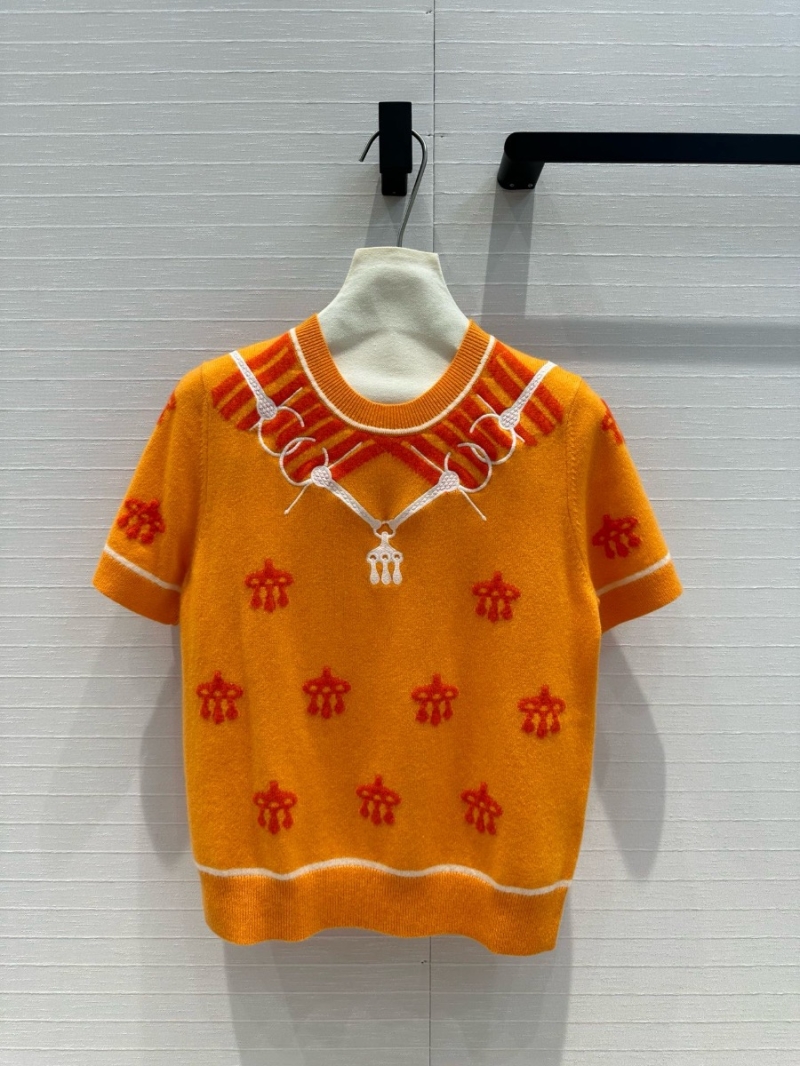 Hermes 24 Early Autumn Lock Ring Embroidery Cashmere Short Sleeve Knit Top Orange