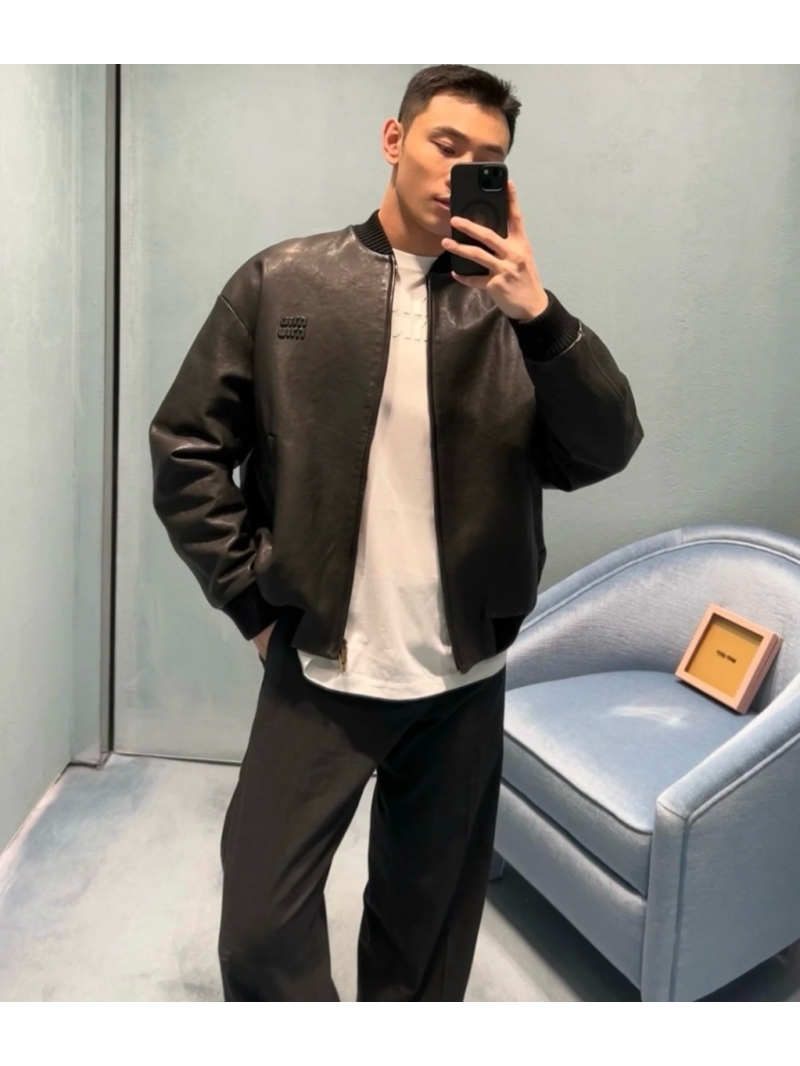 Miu Miu Unisex Imported Lambskin Leather Bomber Jacket - 2025 Collection Limited Edition