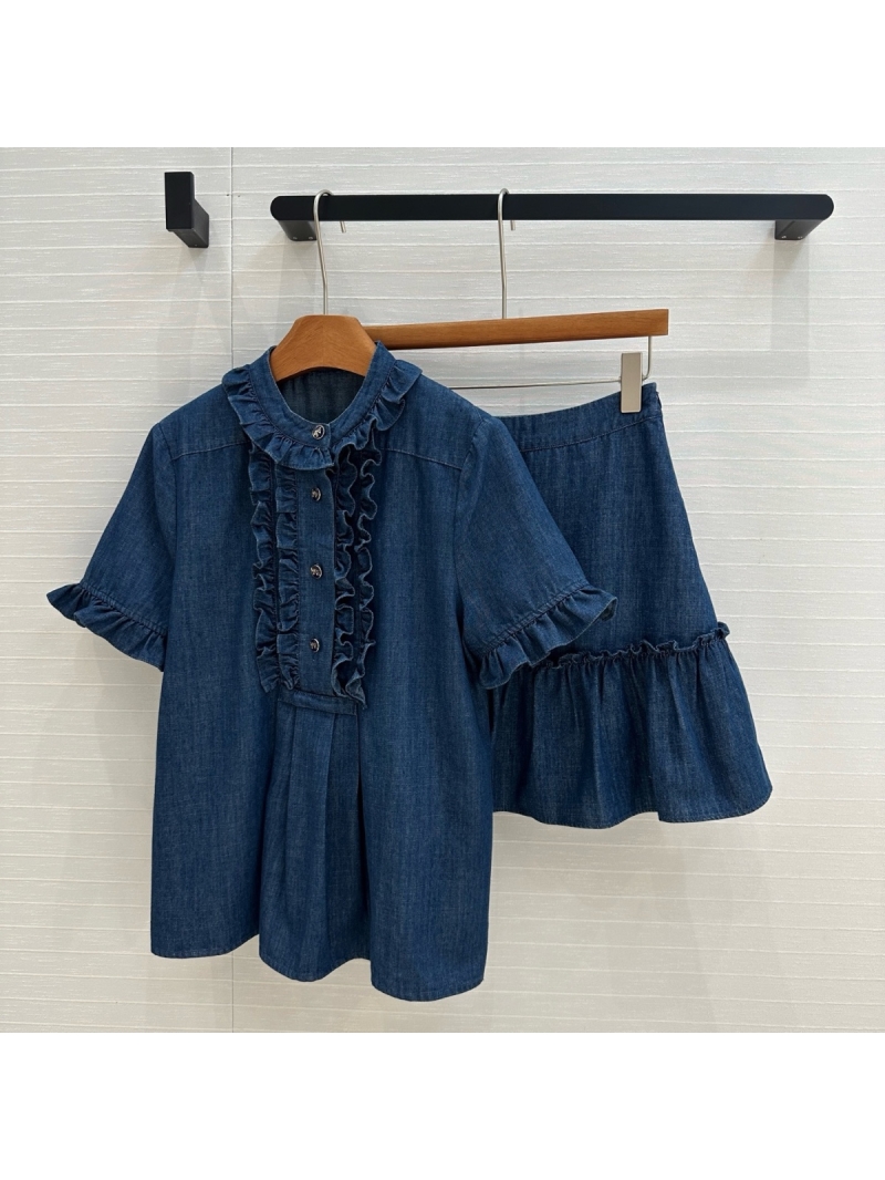 Valentino Spring 2025 Denim Ruffle Shirt and Skirt Set