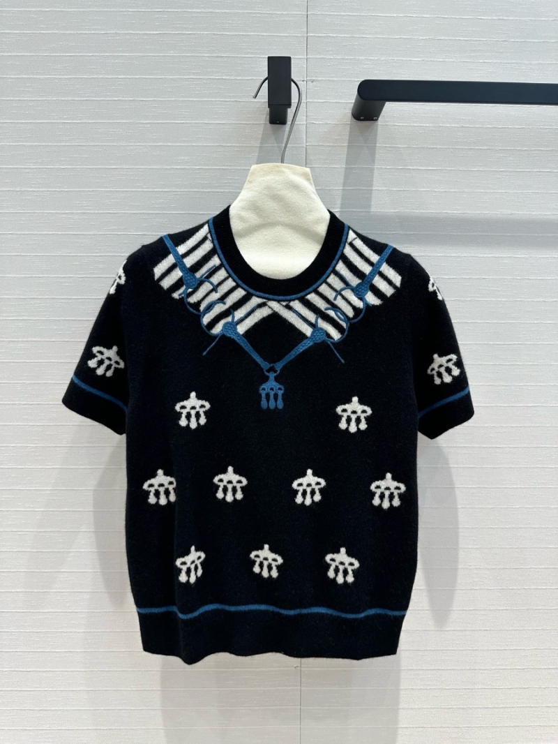 Hermes 24 Early Autumn Lock Ring Embroidery Cashmere Short Sleeve Knit Top Black